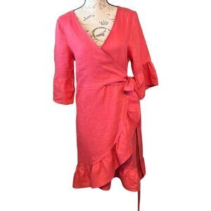 4our Dreamers Pink Ruffle Linen Wrap Chic Boho Dress M